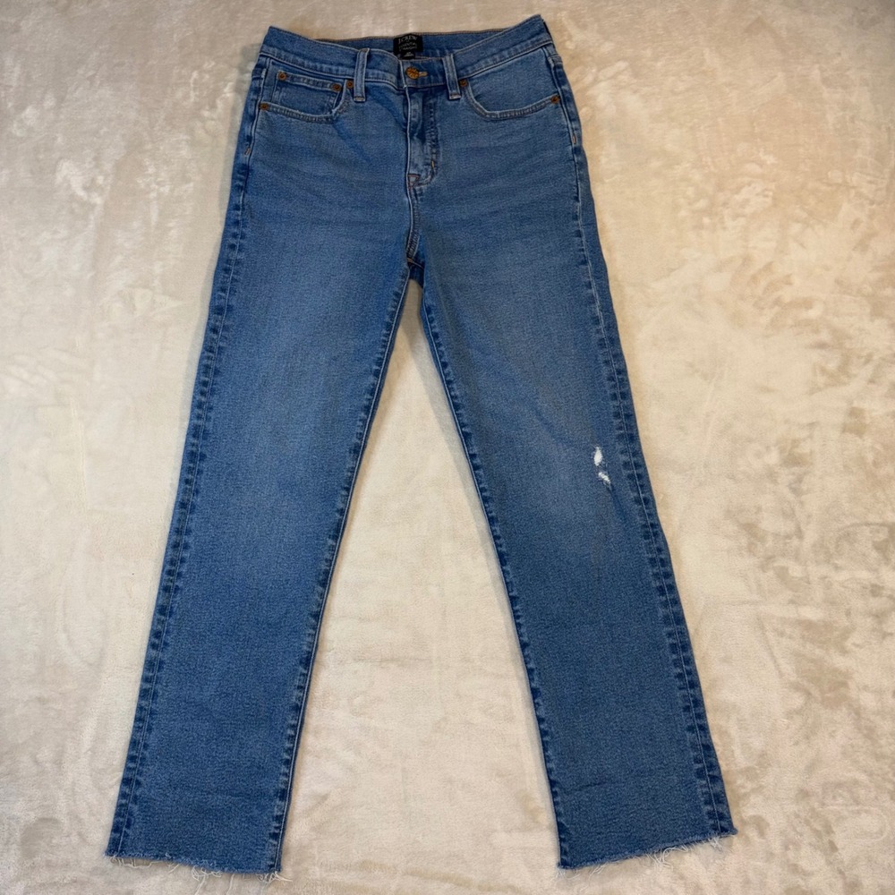 J.Crew Essential Straight Jeans Blue Medium Wash Raw Hem Distressed 26